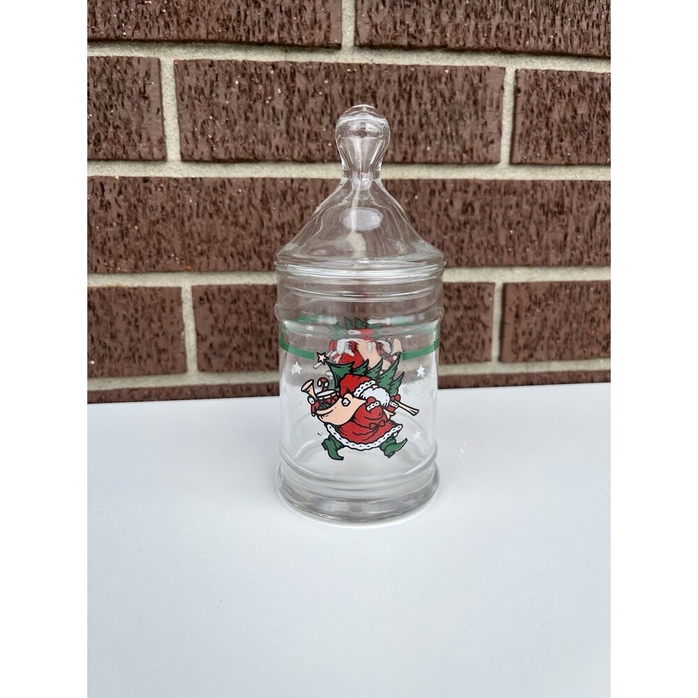 Vintage Anchor Hocking Santa Claus Christmas Cookie Glass Jar With Lid